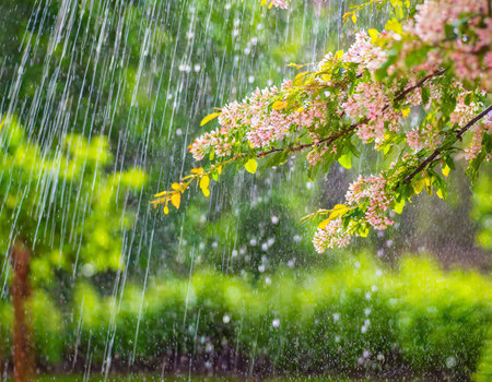 Flowering branch of a cherry tree with pink flowers in the rainの素材