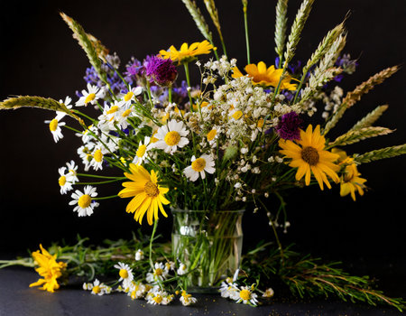 Bouquet of wildflowers in a glass vase on a black backgroundの素材