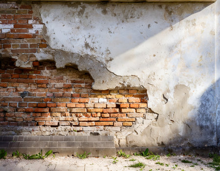 Old brick wall with cracks and peeling paint. Abstract background.の素材
