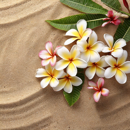 Frangipani (plumeria) flowers on sand backgroundの素材