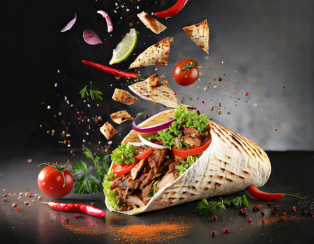 Tasty doner kebab with flying ingredients on black backgroundの素材