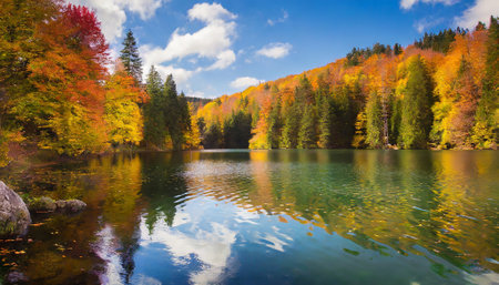 Autumn landscape with colorful forest and lake. Colorful foliage on the lake.の素材