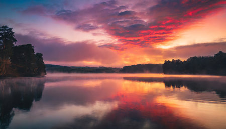 Foggy morning on the lake. Colorful sky with clouds reflected in water.の素材