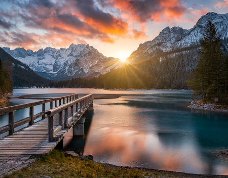 Sunset at Zugspitze lake in Dolomites, Italyの素材