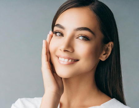 Portrait of a beautiful young woman looking at camera and smiling.の素材
