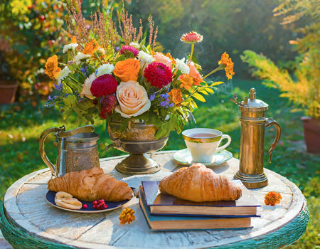 Breakfast with coffee, croissants and flowers on the table in the gardenの素材