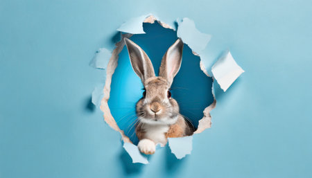 Rabbit peeking out of a hole in a blue paper backgroundの素材