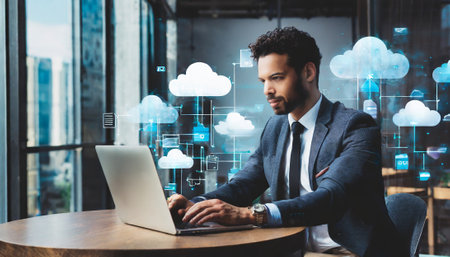 Handsome young businessman working with laptop in modern office. Cloud computing concept. Double exposure.の素材
