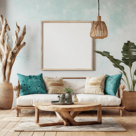 Mock up poster frame in living room interior background, 3d renderの素材