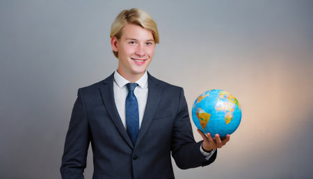 Young businessman holding a globe in his hands and looking at the cameraの素材