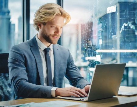 businessman in formal wear using laptop while sitting at table in officeの素材