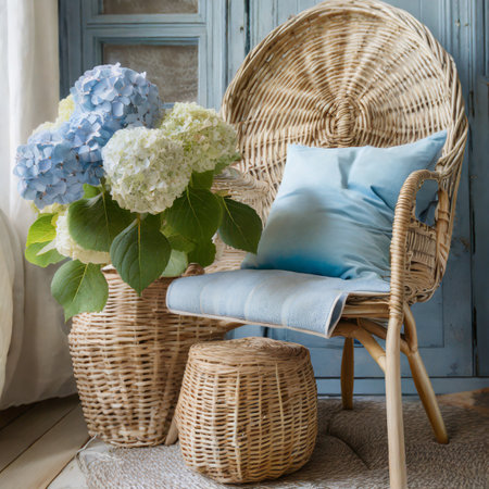 White hydrangea and blue pillows on wicker chairの素材