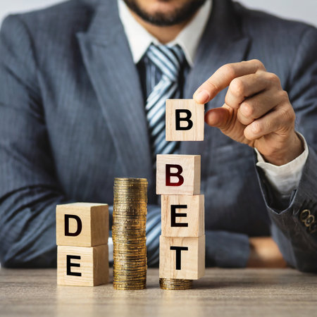 Businessman stacking wooden cube with word DEBT. Business concept.の素材