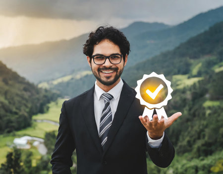 Portrait of happy businessman holding award icon with nature background. Success conceptの素材