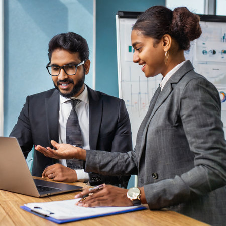 Indian business people working together in office. Asian businessman and indian businesswoman using laptop computer.の素材