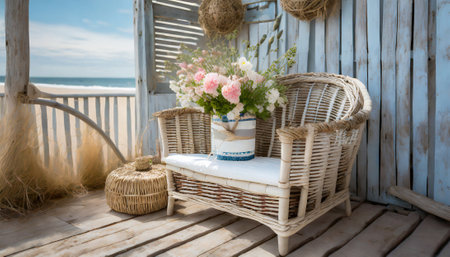 Wicker chair with flowers on the beach. Boho style.の素材
