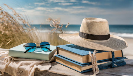 Straw hat, sunglasses and books on wooden table with sea backgroundの素材