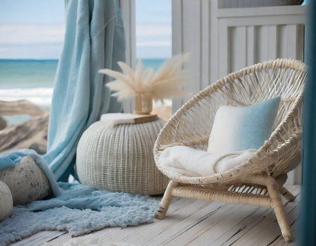Wicker rattan chair with pillow on the background of the seaの素材