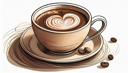cup of coffee on a white background with coffee beans, vector illustrationの素材