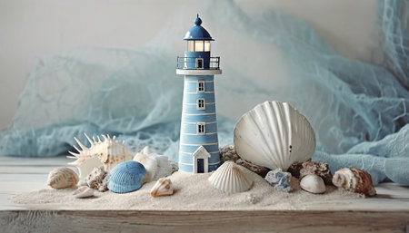 Lighthouse, seashells and lace on a white background.の素材