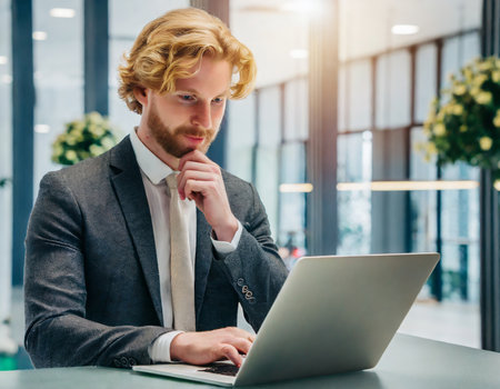 pensive young businessman using laptop at table in office and looking awayの素材