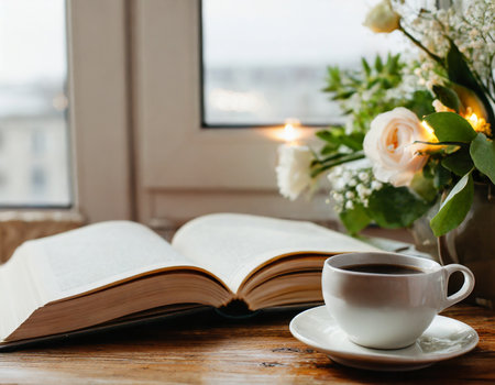Cup of coffee, book and flowers on a wooden table.の素材