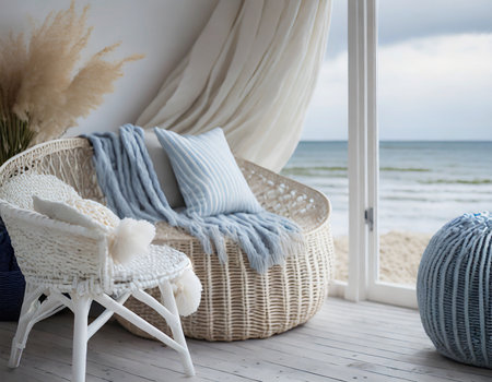 Cozy wicker rattan chair with pillows and knitted plaid on the beach.の素材
