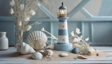 Vintage lighthouse, seashells and starfish on wooden backgroundの素材