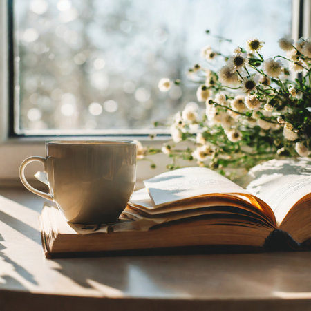 Cup of coffee and book on the windowsill with a bouquet of flowersの素材