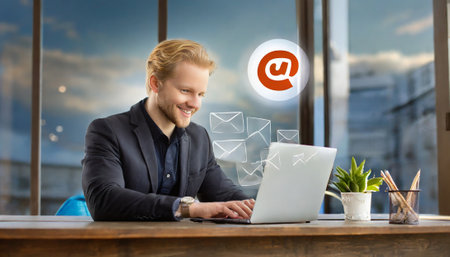 business, people and technology concept - smiling businessman with laptop computer and email iconの素材
