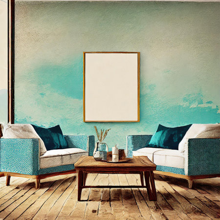 Interior of modern living room with blue sofa, coffee table and poster. 3d renderの素材