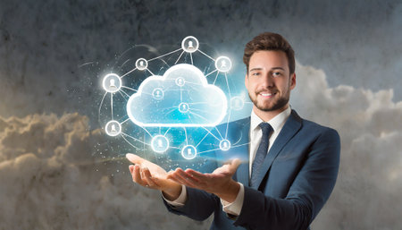 Businessman in suit holding cloud with network icons in his hands. 3D renderingの素材