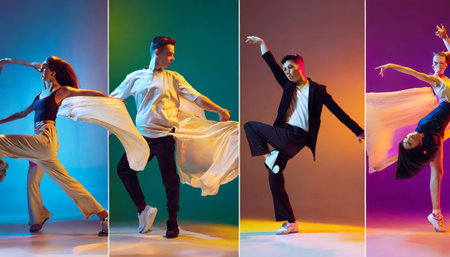 Collage of modern ballet dancers on multicolored studio background.の素材