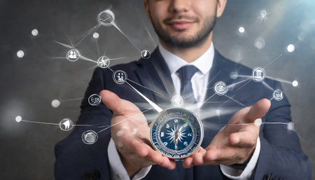 Close up of businessman holding compass in his hands. 3D renderingの素材
