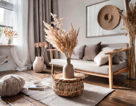 Interior of modern living room with sofa and wicker basket with dried flowersの素材