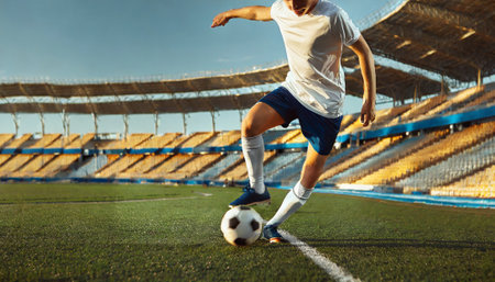 soccer player in white t-shirt kicking the ball on the fieldの素材