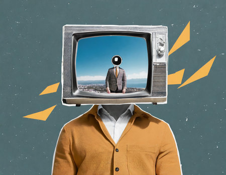 Man with TV instead of head and cityscape in the background.の素材