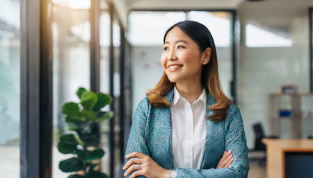 Portrait of happy young Asian businesswoman standing with arms crossed in officeの素材