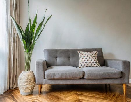 modern living room with grey sofa and plant in vase, interior design conceptの素材