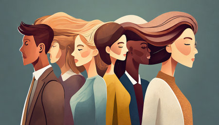 Group of young people with different skin colors and hairstyles. Vector illustration.の素材