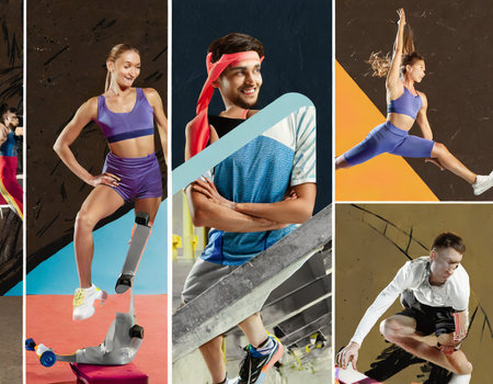 Collage of young sportive people in sportswear doing exercisesの素材
