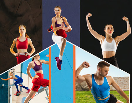 Collage of young sporty people in sportswear running and jumpingの素材