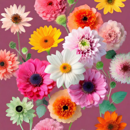 Colorful flowers on pink background. Floral pattern. Flat lay.の素材