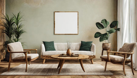 Interior of modern living room with armchairs, coffee table and plant. Mock up, 3D Renderingの素材