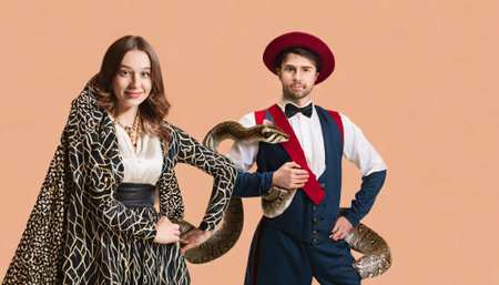 Portrait of a beautiful young woman and a handsome man in vintage clothes posing with python.の素材