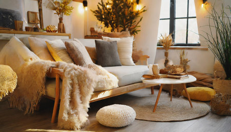 Cozy living room interior with sofa, armchair, pillows and decorative elements.の素材