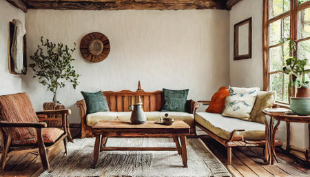 Interior of cozy living room with sofa, coffee table and decorative pillowsの素材