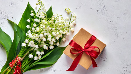 Bouquet of lily-of-the-valley and gift box on white backgroundの素材