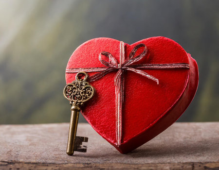 Heart shaped gift box and key on wooden background. Valentine's day conceptの素材