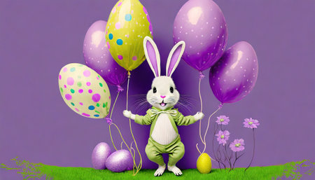 Easter bunny with colorful eggs on green grass and purple background.の素材